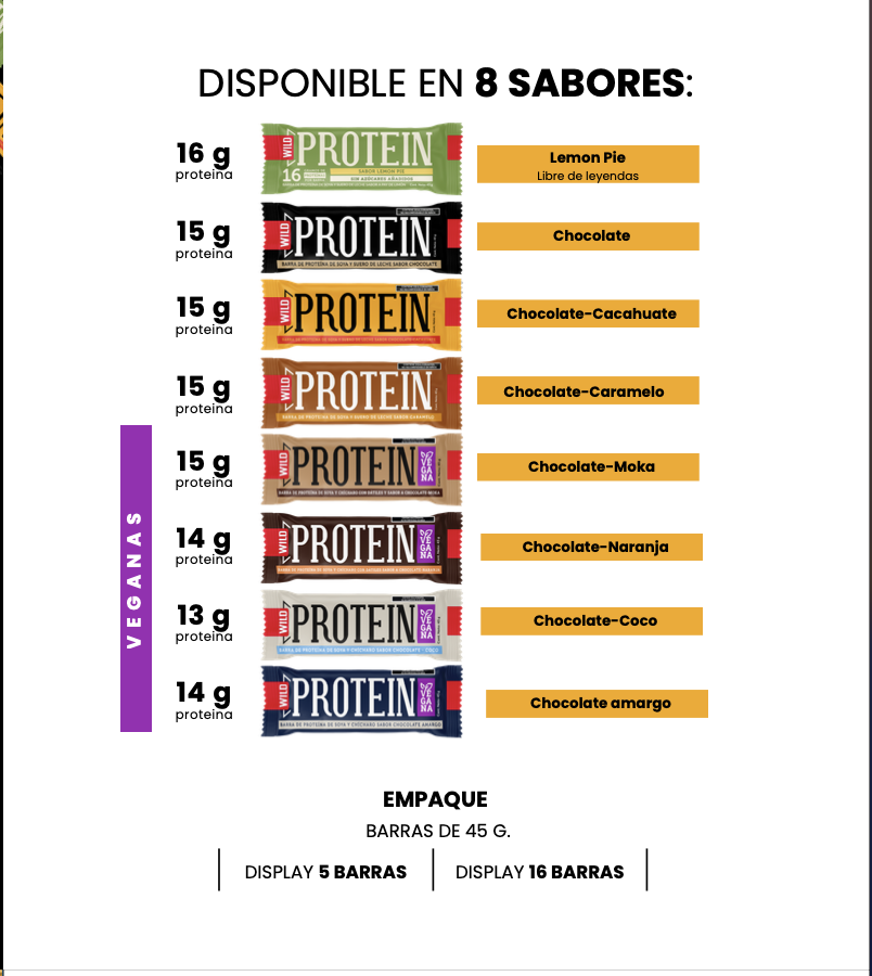 Barras de proteína | Vegana | CHOCOLATE NARANJA | Wild Protein | Pack de 16 unidades | 15 g de proteína | Sin azúcares ni grasa añadida |